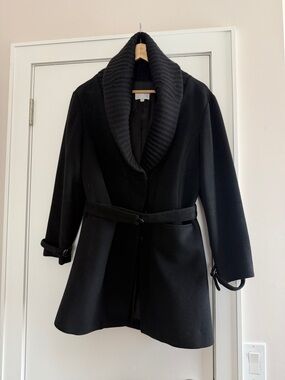 TSE Black Wool Cashmere Silk lining Women Belted PeaCoat Sizer:2